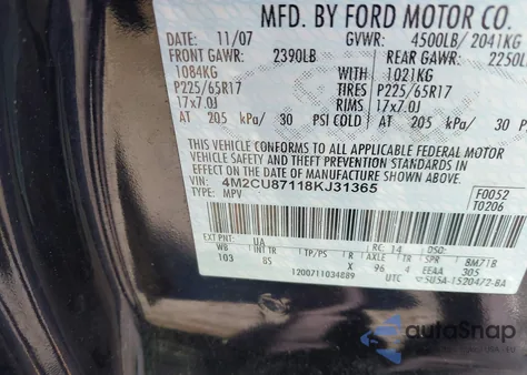 2008 Mercury Mariner Premier from USA, damaged, VIN 4M2CU87118KJ31365